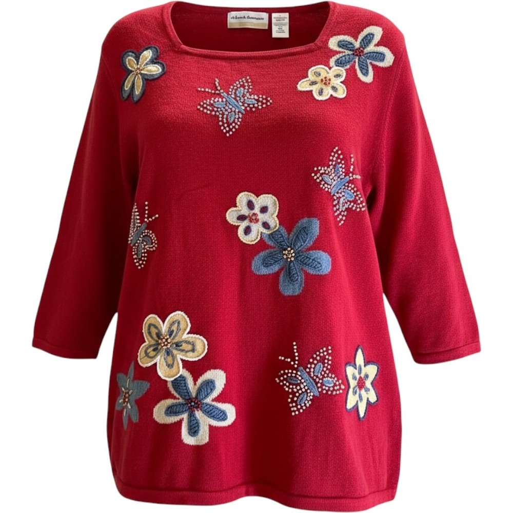 Alfred Dunner Sweater Wms 1X Red Embroidered Butterfly Floral Beaded Cottagecore
